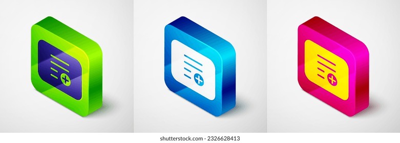 Isometric Añadir al icono de lista de reproducción aislado en fondo gris. Botón cuadrado. Vector