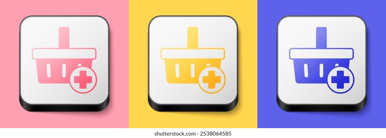 Isometric Add to Shopping basket icon isolated on pink, yellow and blue background. Online buying concept. Delivery service. Supermarket basket symbol. Square button. Vector