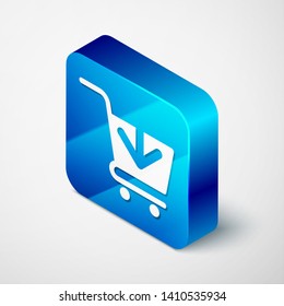 Isometric Add to Shopping cart icon isolated on white background. Online buying concept. Delivery service sign. Supermarket basket symbol. Blue square button. Vector Illustration