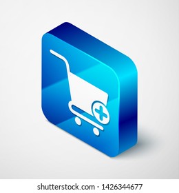 Isometric Add to Shopping cart icon isolated on white background. Online buying concept. Delivery service sign. Supermarket basket symbol. Blue square button. Vector Illustration