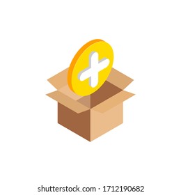 Isometric Add Symbol, 3d Plus Icon In Open Cardboard Box Isolated. Delivery, Data Storage, Warehouse Concept. Vector Illustration Design, Infographic, Web, App, Ad