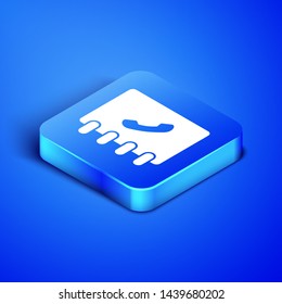 Isometric Address book icon isolated on blue background. Notebook, address, contact, directory, phone, telephone book icon. Blue square button. Vector Illustration
