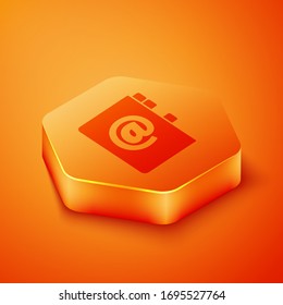 Isometric Address book icon isolated on orange background. Notebook, address, contact, directory, phone, telephone book icon. Orange hexagon button. Vector Illustration