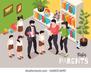 Isometric adoption custody composition with text and indoor view of children with adults and furniture items vector illustration