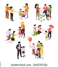 Isometric adoption custody parenthood set with isolated characters of happy parents with children on blank background vector illustration