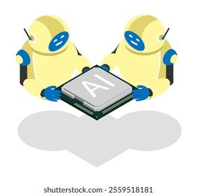 Isometric advanced nano robots carry engineered microchip to train AI program. Automatic assembly and configuration of modern processors. 3D vector isolated on white background top view at an angle