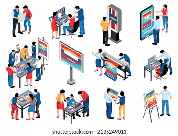 Isometric advertising agency icon set with compositions of creative workers making mockups with printers and gadgets vector illustration