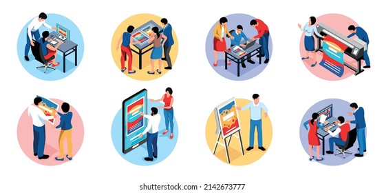 Isometric advertising agency set with circle shaped compositions of creative office situations with characters of employees vector illustration