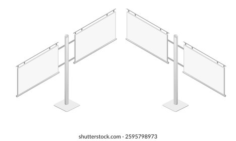Isometric advertising billboards. The empty billboard framework with supporting poles and display surfaces. Professional marketing platform. Vector illustration isolated on white background
