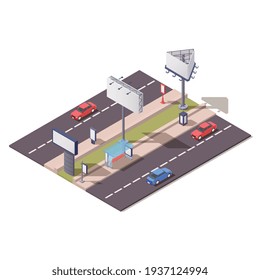 Isometric advertising constructions composition with billboard unipol video board holder along city road 3d vector illustration