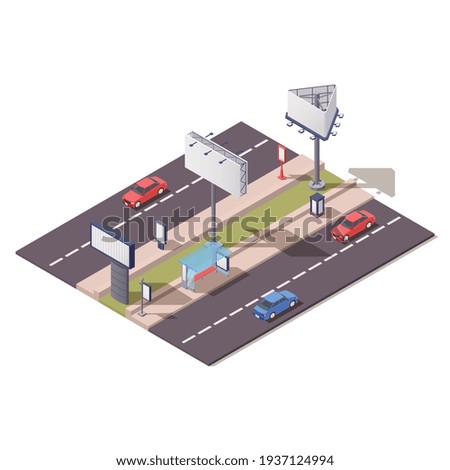 Isometric advertising constructions composition with billboard unipol video board holder along city road 3d vector illustration