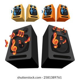 Isometric advertising DJ party speakers equipment, noisy party. Musical speakers and notes on loud alternative performance. Isometric vector banner element bottom view