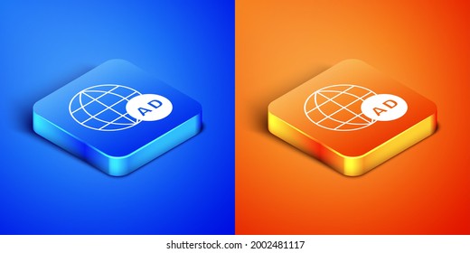 Isometric Advertising icon isolated on blue and orange background. Concept of marketing and promotion process. Responsive ads. Social media advertising. Square button. Vector