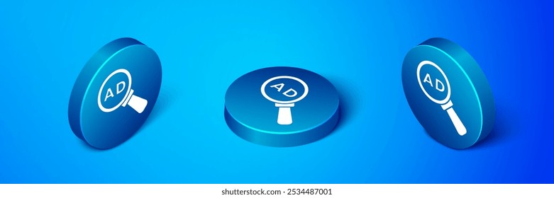 Isometric Advertising icon isolated on blue background. Concept of marketing and promotion process. Responsive ads. Social media advertising. Blue circle button. Vector