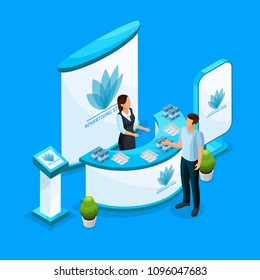 Isometric advertising stands concept with worker consulting client about products on demonstration equipment isolated vector illustration