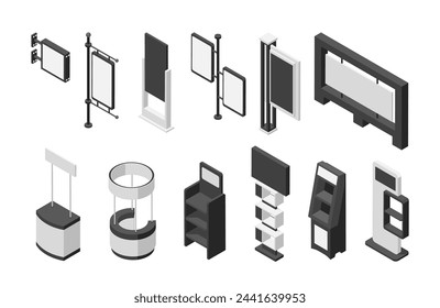 Isometric advertising stands. Promotional demonstration screens and stalls. Outdoor and indoor ad elements, exhibition equipment, flawless vector set