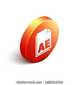 Isometric AE file document icon isolated on white background. Orange circle button. Vector Illustration