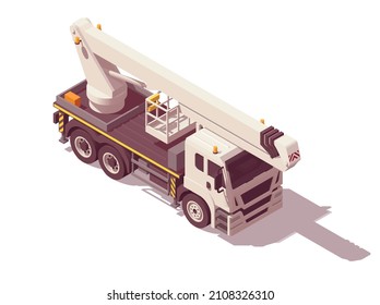 Isometric aerial truck. Isolated low poly cherry picker on white backgroung. Vector illustrator. Collection