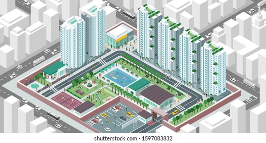 Isometric aerial view of a contemporary efficient cooperative housing society with services, facilities and people, real estate and lifestyle concept