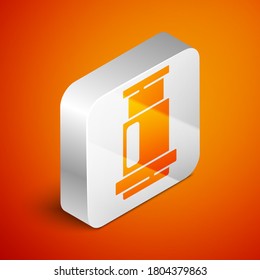 Isometric Aeropress coffee method icon isolated on orange background. Device for brewing coffee. Silver square button. Vector.