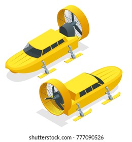 Isometric Aerosani, propeller-driven snowmobile, running on skis, used for communications, mail deliveries, medical aid, emergency recovery. Aerosled vector illustration isolated white background svg