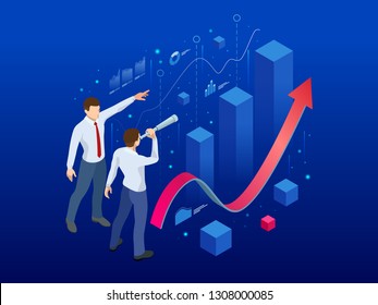 Isometric affiliate business, business perspective concept. Businessman looking to the future for new business opportunity. Analysis and Strategy on a conceptual application for promotion contacts.