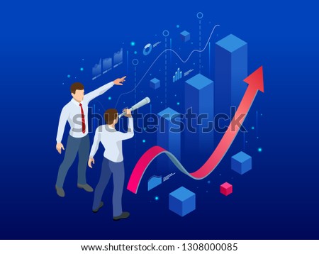 Isometric affiliate business, business perspective concept. Businessman looking to the future for new business opportunity. Analysis and Strategy on a conceptual application for promotion contacts.