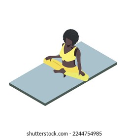 Isometric African American girl doing yoga sitting in the lotus position.Vector illustration isolated on white background. healthy lifestyle and sport.