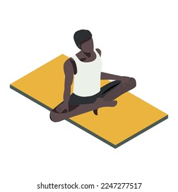 Isometric African American man in lotus position on yoga mat. sports lifestyle. meditation. vector illustration isolated on white background