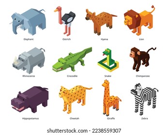 Isometric african animals. Low poly zoo, polygonal alligator, lion and giraffe. Monkey, snake, elephant toy and zebra 3D game vector set of african isometric animal illustration