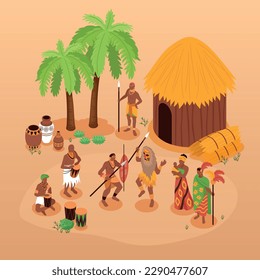 Isometric african people composition with isolated characters of natives with palms ancient arms and strawbale house vector illustration