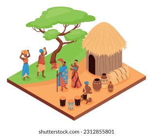 Isometric african people composition with isolated view of wild lands with dwelling and native family members vector illustration