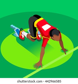 Isometric Afro American Sportsman Sprinter Runner Athlete Starting Line Icon Set. 3D Flat Isometric Sport Athletic race afro american Man Runner Athlete. Sport People Set Infographic Vector Image