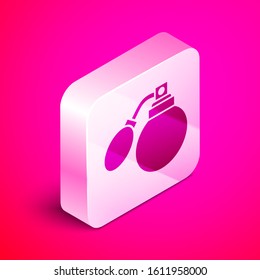 Isometric Aftershave bottle with atomizer icon isolated on pink background. Cologne spray icon. Male perfume bottle. Silver square button. Vector Illustration