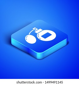 Isometric Aftershave icon isolated on blue background. Cologne spray icon. Male perfume bottle. Blue square button. Vector Illustration