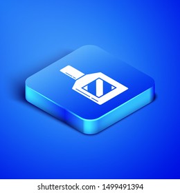 Isometric Aftershave icon isolated on blue background. Cologne spray icon. Male perfume bottle. Blue square button. Vector Illustration
