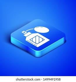 Isometric Aftershave icon isolated on blue background. Cologne spray icon. Male perfume bottle. Blue square button. Vector Illustration