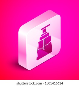 Isometric Aftershave icon isolated on pink background. Cologne spray icon. Male perfume bottle. Silver square button. Vector Illustration