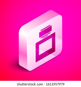 Isometric Aftershave icon isolated on pink background. Cologne spray icon. Male perfume bottle. Silver square button. Vector Illustration