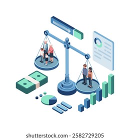 Isometric Age Dependency Ratio with Scale Balancing Generations and Financial Chart. Age Dependency Ratio and Demographic Transition Concept