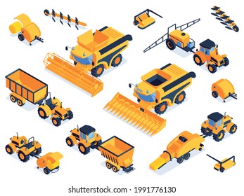 isometric agricultural color set of machinery and vehicles for field farm work isolated vector illustration