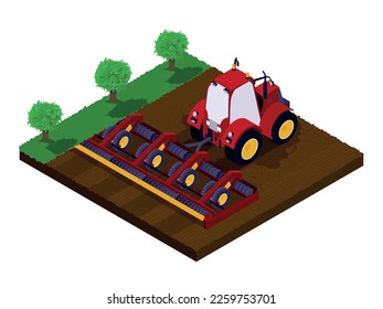 Isometric agricultural composition with open field scenery and green tractor with plow turning up the soil vector illustration