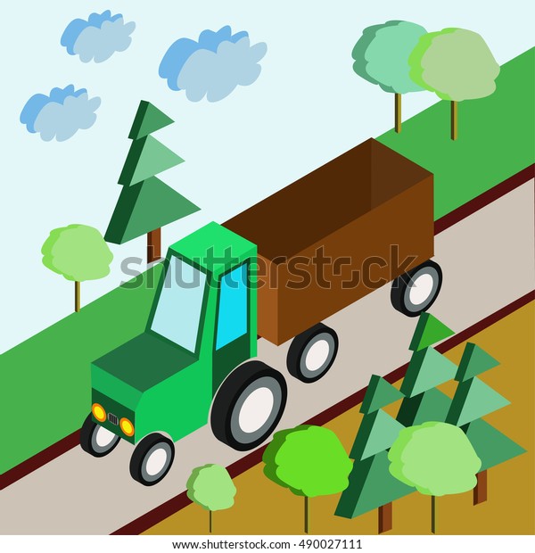 Isometric agricultural equipment, farm\
tractors, trailers and pickup. Vector\
illustration