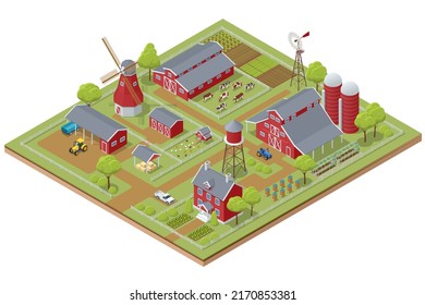 Isometric agricultural farm buildings, windmill barn and silo sheds hay garden beds and tractor. Pulling, pushing agricultural machinery, trailers, ploughing, tilling, disking, harrowing, planting.