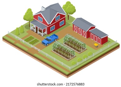 Isometric agricultural farm buildings, windmill barn and silo sheds hay garden beds and truck.