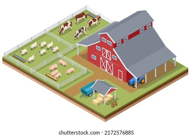Isometric agricultural farm buildings, windmill barn and silo sheds hay garden beds and tractor. Cows pigs, sheep on a farm