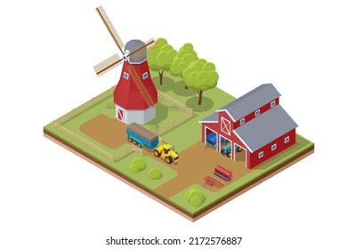 Isometric agricultural farm buildings, windmill barn and silo sheds hay garden beds and tractor. Pulling, pushing agricultural machinery, trailers, ploughing, tilling, disking, harrowing, planting.