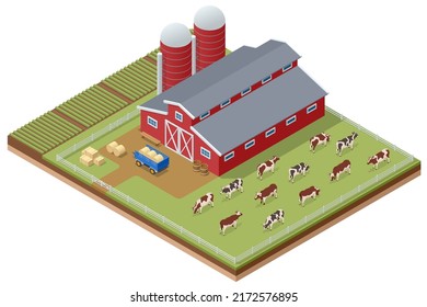 Isometric agricultural farm buildings, windmill barn and silo sheds hay garden beds and tractor. Cows on a farm. Dairy cows in a farm svg