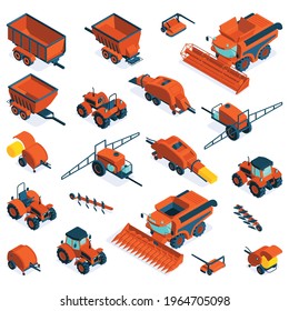 Isometric Agricultural Farm Equipment Set Of Combine Tractor Cargo Trailer Mower Plow Bale Baler Grain Harvester Isolated Vector Illustration