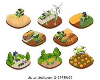 Isometric agricultural icons featuring various farm vehicles, wind turbines, and produce on a white background, depicting modern farming. vector illustration